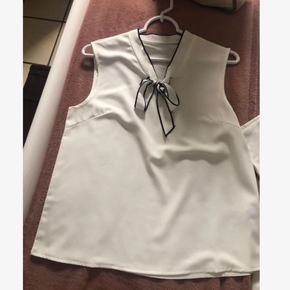 White Blouse Black Trim Tie Front Neck Sleeveless Blouse Office Top Shirt - Picture 11 of 11